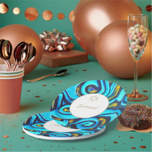 Bar Mitzvah Jewish Modern Blue Pattern  Paper Plate