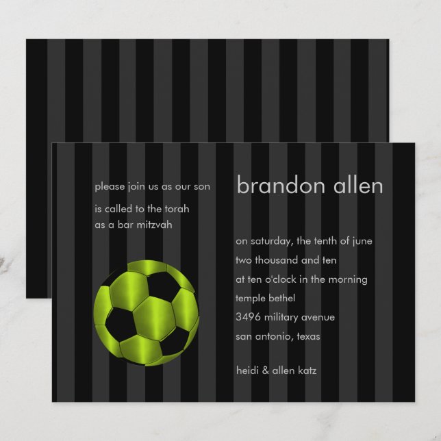 Bar Mitzvah Lime Green and Black Soccer Ball Invitation (Front/Back)