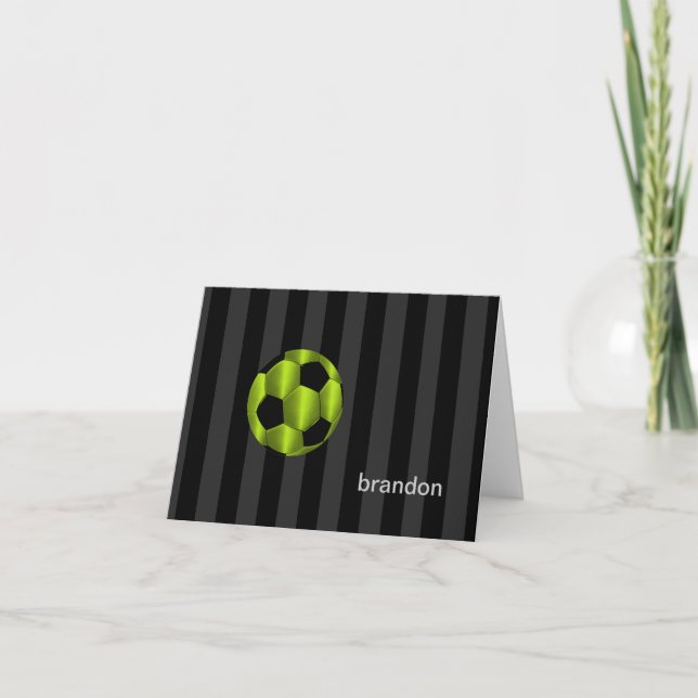 Bar Mitzvah Lime Green and Black Soccer Ball Note Card (Front)