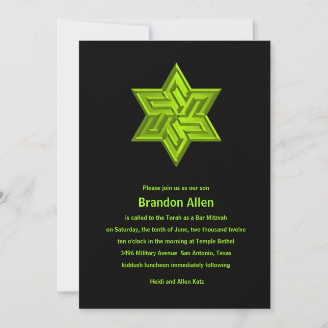 Bar Mitzvah Lime Green on Black, Star of David Invitation (Front)