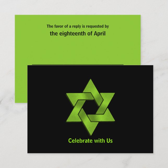 Bar Mitzvah Lime Green on Black Star of David RSVP (Front/Back)