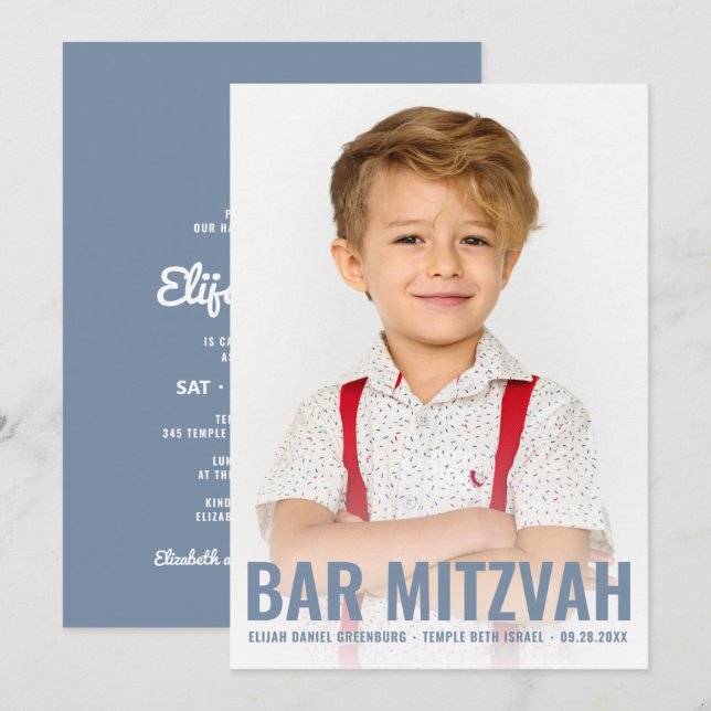 Bar Mitzvah Modern and Simple Star of David Photo Invitation (Front/Back)
