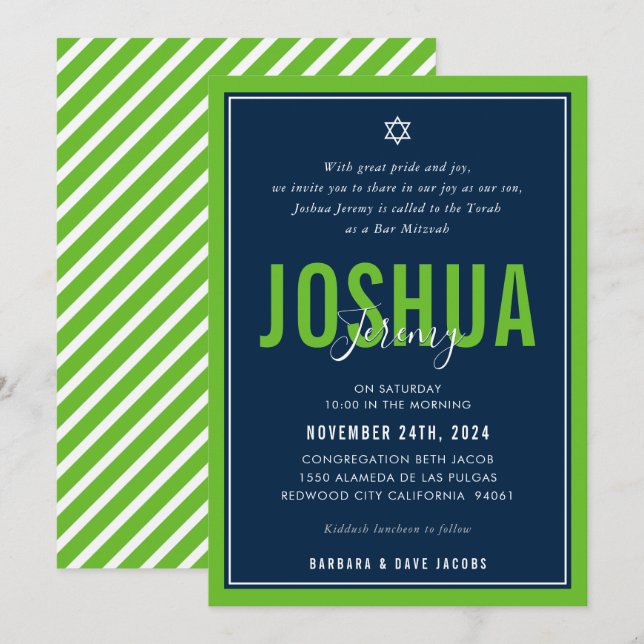 BAR MITZVAH modern athletic boy nfl green navy Invitation (Front/Back)