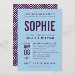 BAR MITZVAH modern block type aubergine bluebell Invitation<br><div class="desc">by kat massard >>> WWW.SIMPLYSWEETPAPERIE.COM <<< - - - - - - - - - - - - CONTACT ME to help with balancing your type perfectly Love the design, but would like to see some changes - another colour scheme, product, add a photo or adapted for a different occasion...</div>