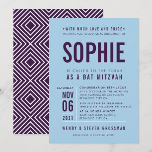 BAR MITZVAH modern block type aubergine bluebell Invitation