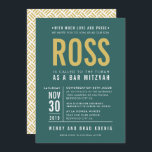 BAR MITZVAH modern block type forrest green gold Invitation<br><div class="desc">by kat massard >>> WWW.SIMPLYSWEETPAPERIE.COM <<< - - - - - - - - - - - - CONTACT ME to help with balancing your type perfectly Love the design, but would like to see some changes - another colour scheme, product, add a photo or adapted for a different occasion...</div>