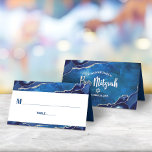 Bar Mitzvah Modern Blue Agate Galaxy Watercolor Place Card<br><div class="desc">No Bar Mitzvah party is complete without personalized place cards. Let your favourite Bar Mitzvah be proud, rejoice and celebrate his milestone at his perfectly coordinated party. Navy blue typography overlays a simple, white background with steel blue agate rocks accented with faux silver veins top and bottom. On the back,...</div>