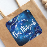 Bar Mitzvah Modern Blue Agate Watercolor Script  Square Sticker<br><div class="desc">Be proud, rejoice and showcase this milestone of your favourite Bar Mitzvah! Use this cool, unique, modern, personalized sticker to add to his special day. White script typography and Star of David overlay a deep blue galaxy watercolor background with navy blue agate accented with faux silver veins. Personalize the custom...</div>