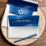 Bar Mitzvah Modern Blue Metallic Return Address Envelope<br><div class="desc">When you send out this cool, unique, modern, personalized coordinating Bar Mitzvah invitation envelope you’ll definitely stand out in the daily mail. The outside back flap of this white and navy blue envelope boasts bold, white typography overlaying faux metallic light blue brush strokes overlaying a rich, navy blue ombre background....</div>