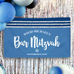 Bar Mitzvah Modern Blue Silver Tallit Bold Script Banner<br><div class="desc">Be proud, rejoice and showcase this milestone of your favorite Bar Mitzvah! Hang up this cool, unique, modern, personalized banner to add to his special day. Bold, white script typography, Star of David and a navy blue and silver glitter striped tallit inspired graphic overlay a simple, cornflower blue background. Personalize...</div>