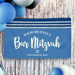 Bar Mitzvah Modern Blue Silver Tallit Bold Script Banner