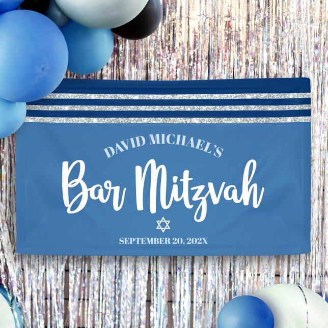Bar Mitzvah Modern Blue Silver Tallit Bold Script Banner (Creator Uploaded)