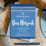 Bar Mitzvah Modern Blue Silver Tallit Bold Script  Invitation<br><div class="desc">Be proud, rejoice and showcase this milestone of your favourite Bar Mitzvah! Send out this cool, unique, modern, personalized invitation for an event to remember. Bold, white script typography, Star of David and a navy blue and silver glitter striped tallit inspired graphic overlay a simple, cornflower blue background. Personalize the...</div>