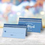 Bar Mitzvah Modern Blue Silver Tallit Bold Script Place Card<br><div class="desc">No Bar Mitzvah party is complete without personalized place cards. Let your favourite Bar Mitzvah be proud, rejoice and celebrate his milestone at his perfectly coordinated party. Bold, navy blue typography and a navy blue and faux silver glitter striped tallit inspired graphic overlay a simple, light cornflower blue background. On...</div>