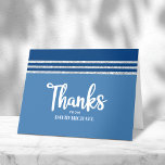 Bar Mitzvah Modern Blue Silver Tallit Bold Script Thank You Card<br><div class="desc">Make sure your favourite Bar Mitzvah shows his appreciation to all who supported his milestone event! Send out this cool, unique, modern, personalized thank you card. Bold, white script typography, Star of David and a navy blue and silver glitter striped tallit inspired graphic overlay a simple, cornflower blue background. Another...</div>