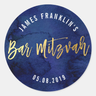 BAR MITZVAH modern blue watercolor gold writing Classic Round Sticker