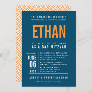 BAR MITZVAH modern bold block dark blue orange Invitation