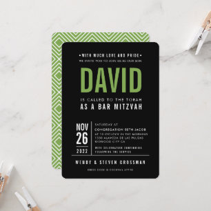 BAR MITZVAH modern bold block type black green Invitation