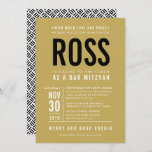 BAR MITZVAH modern bold block type flat gold black Invitation<br><div class="desc">by kat massard >>> WWW.SIMPLYSWEETPAPERIE.COM <<< - - - - - - - - - - - - CONTACT ME to help with balancing your type perfectly Love the design, but would like to see some changes - another colour scheme, product, add a photo or adapted for a different occasion...</div>