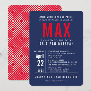 BAR MITZVAH modern bold block type navy blue red Invitation