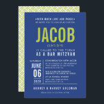 BAR MITZVAH modern bold block type royal blue lime Invitation<br><div class="desc">by kat massard >>> WWW.SIMPLYSWEETPAPERIE.COM <<< - - - - - - - - - - - - CONTACT ME to help with balancing your type perfectly Love the design, but would like to see some changes - another colour scheme, product, add a photo or adapted for a different occasion...</div>