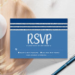 Bar Mitzvah Modern Bold Blue Silver Tallit Script  RSVP Card<br><div class="desc">Be proud, rejoice and celebrate this milestone of your favourite Bar Mitzvah with this cool, unique, modern, personalized RSVP insert card for your event! Bold, white script typography, Star of David and a navy blue and silver glitter striped tallit inspired graphic overlay a simple, cornflower blue background. Personalize the custom...</div>