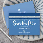 Bar Mitzvah Modern Bold Blue Silver Tallit Script Save The Date<br><div class="desc">Make sure all your friends and relatives will be able to celebrate your son’s milestone Bar Mitzvah! Send out this cool, unique, modern, personalized “Save the Date” announcement card. Bold, white script typography, Star of David and a navy blue and silver glitter striped tallit inspired graphic overlay a simple, cornflower...</div>