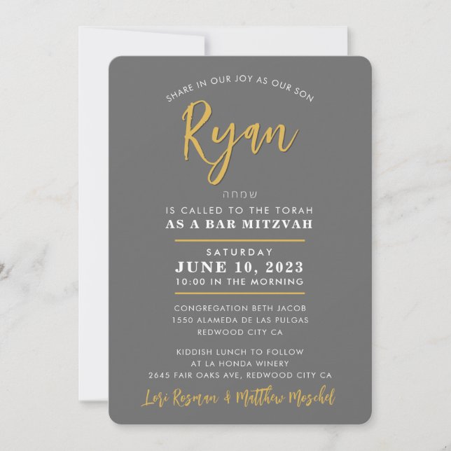 BAR MITZVAH modern calligraphy grey faux gold Invitation (Front)