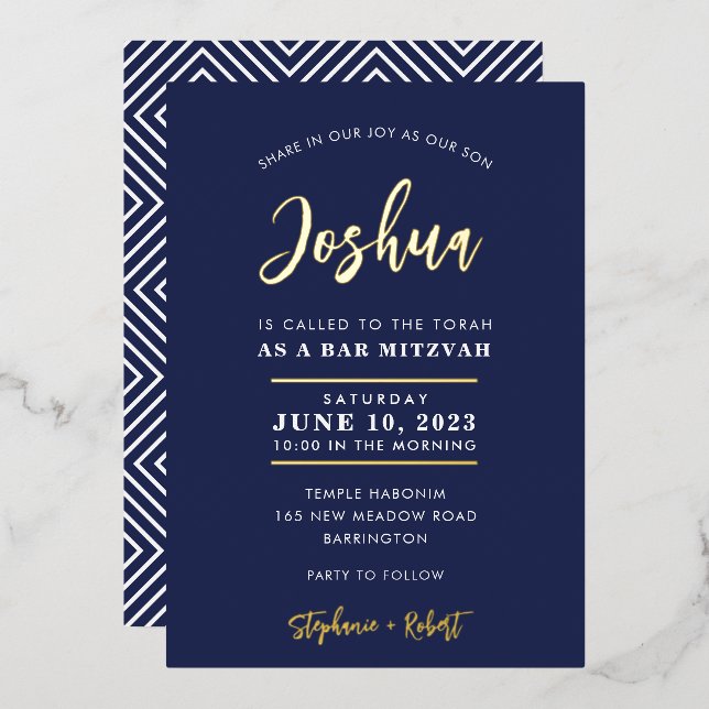 BAR MITZVAH modern calligraphy navy gold (Front/Back)