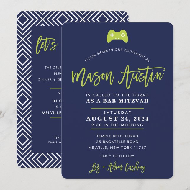 Bar Mitzvah modern contoller gamer navy lime MASON Invitation (Front/Back)