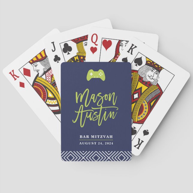 Bar Mitzvah modern contoller gamer navy lime MASON Playing Cards (Back)