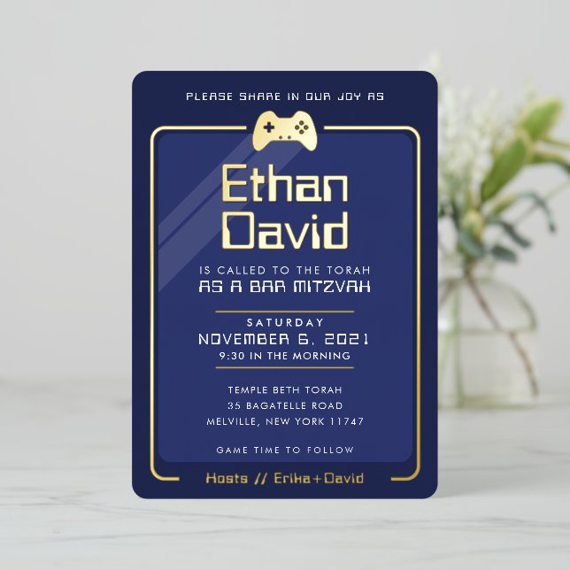 BAR MITZVAH modern cool gaming controls navy blue  (Standing Front)