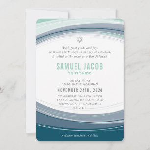 BAR MITZVAH modern curve design mint blue grey Invitation