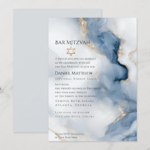 Bar Mitzvah  Modern Dusty Blue Marbled Agate Invitation