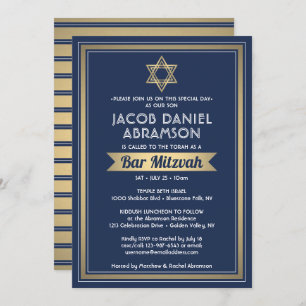 Bar Mitzvah Modern Elegant Navy Blue White & Gold Invitation
