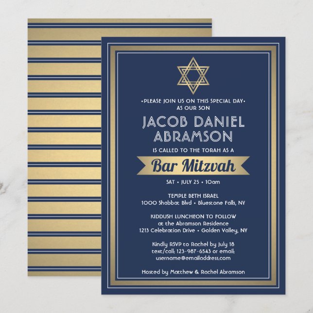 Bar Mitzvah Modern Elegant Navy Blue White & Gold Invitation (Front/Back)