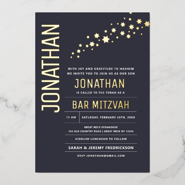 Bar Mitzvah Modern Elegant REAL GOLD Stars (Front)