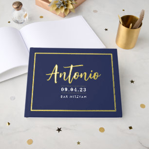 BAR MITZVAH modern faux gold name calligraphy navy Guest Book