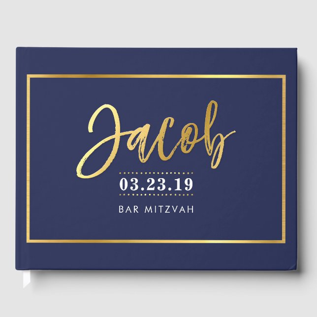 BAR MITZVAH  modern faux gold on navy for JACOB Guest Book (Front)