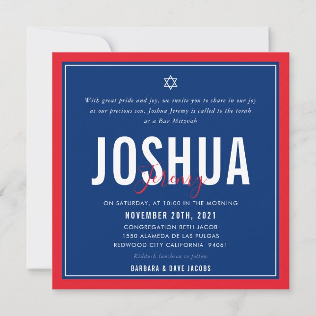 BAR MITZVAH modern football blue red ELLINA Invitation (Front)