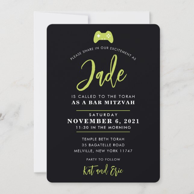 BAR MITZVAH modern gaming control black lime green Invitation (Front)