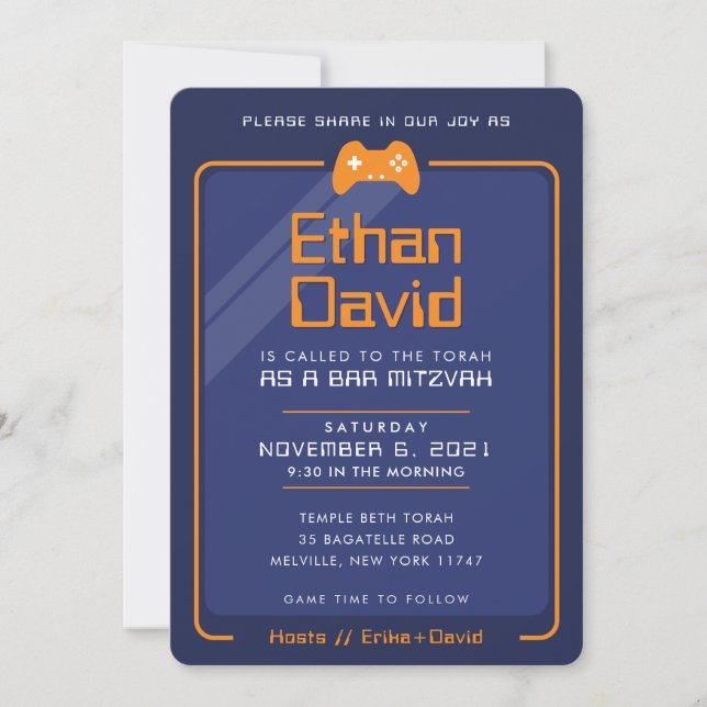 BAR MITZVAH modern gaming control navy blue orange Invitation (Front)