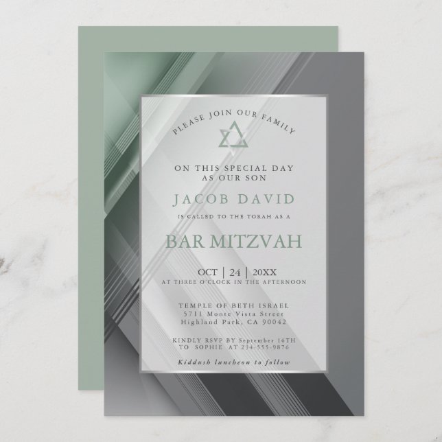 Bar Mitzvah Modern Geometric Green Charcoal Invitation (Front/Back)
