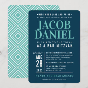 BAR MITZVAH modern geometric stack navy blue mint Invitation