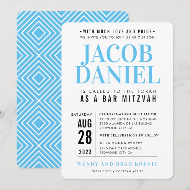 BAR MITZVAH modern geometric stack sporty blue Invitation (Front/Back)