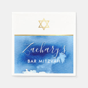 BAR MITZVAH modern gold star smart blue watercolor Napkin