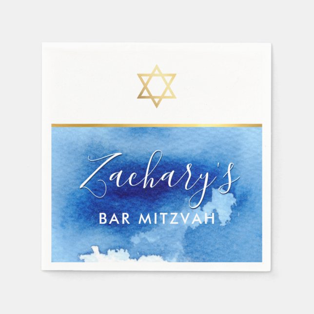 BAR MITZVAH modern gold star smart blue watercolor Napkin (Front)