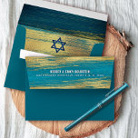 Bar Mitzvah Modern Gold Turquoise Return Address<br><div class="desc">When you send out this cool, unique, modern, personalized coordinating Bar Mitzvah invitation envelope you’ll definitely stand out in the daily mail. The outside back flap of this teal blue envelope boasts bold, white typography overlaying faux metallic gold brush strokes and a rich, turquoise blue ombre paint background. The inside...</div>