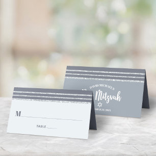 Bar Mitzvah Modern Grey Silver Tallit Bold Script Place Card