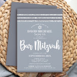 Bar Mitzvah Modern Grey Silver Tallit Simple Bold Invitation<br><div class="desc">Be proud, rejoice and showcase this milestone of your favourite Bar Mitzvah! Send out this cool, unique, modern, personalized invitation for an event to remember. Bold, white script typography, Star of David and a soft grey and silver glitter striped tallit inspired graphic overlay a simple, lighter soft grey background. Personalize...</div>
